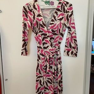 DVF White, Pink & Burgundy Printed Wrap Dress